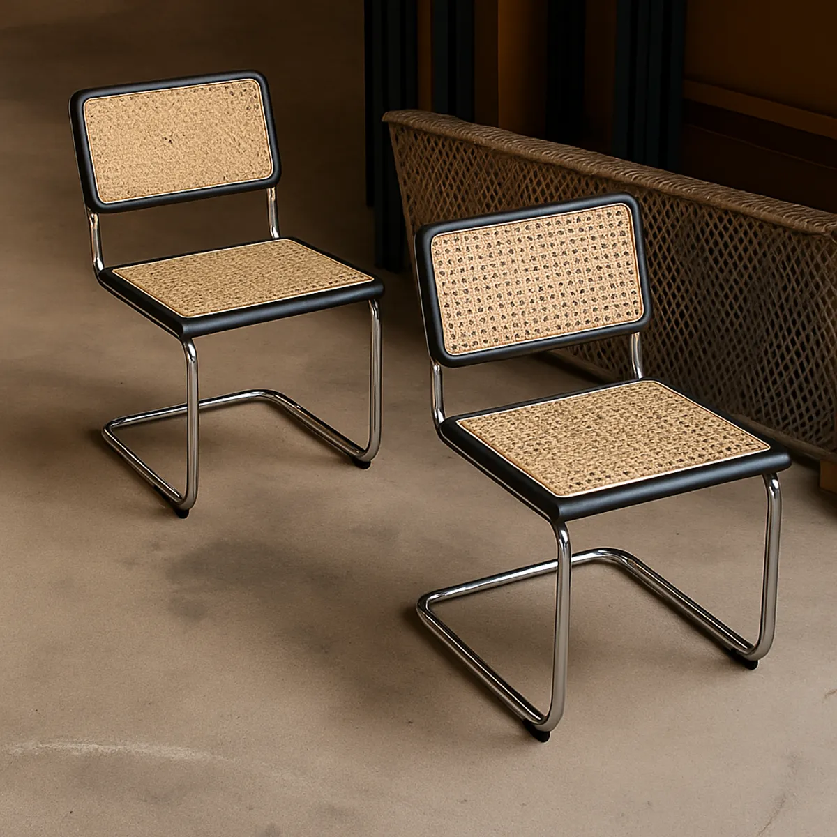 SPACE HOME - Pack x2 Sillas Breuer Negras de Madera y Ratán con Patas de Acero Reforzado