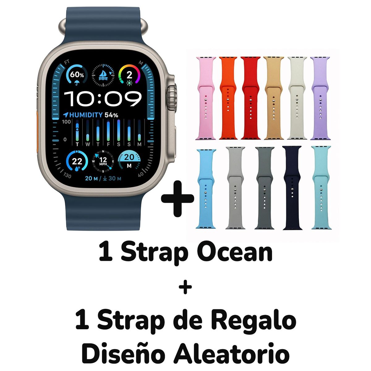 MOTOMO - Reloj Inteligente Smartwatch Sport 49mm 2 Correas U-2 Azul