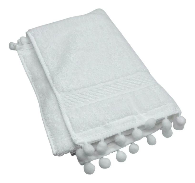 Toalla De Bano Algodon Pompones Toalla Fina Elegante 70x34cm - Blanco