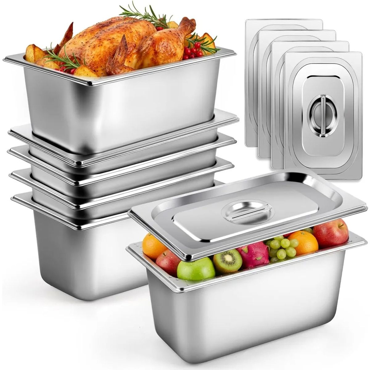 EVERSO - 6 Pcs Sartenes De Vapor Acero Inoxidable Bandejas Con Tapas