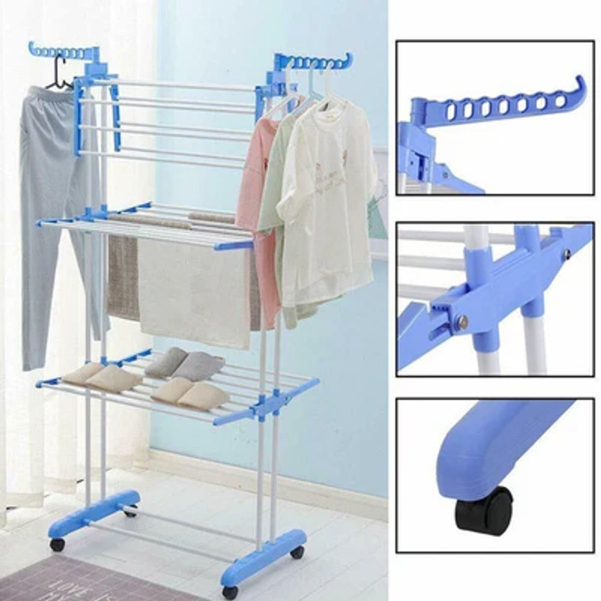 MOVI - Tendedero de Ropa Vertical Plegable 3 Niveles con Ruedas y Colgadores Percheros