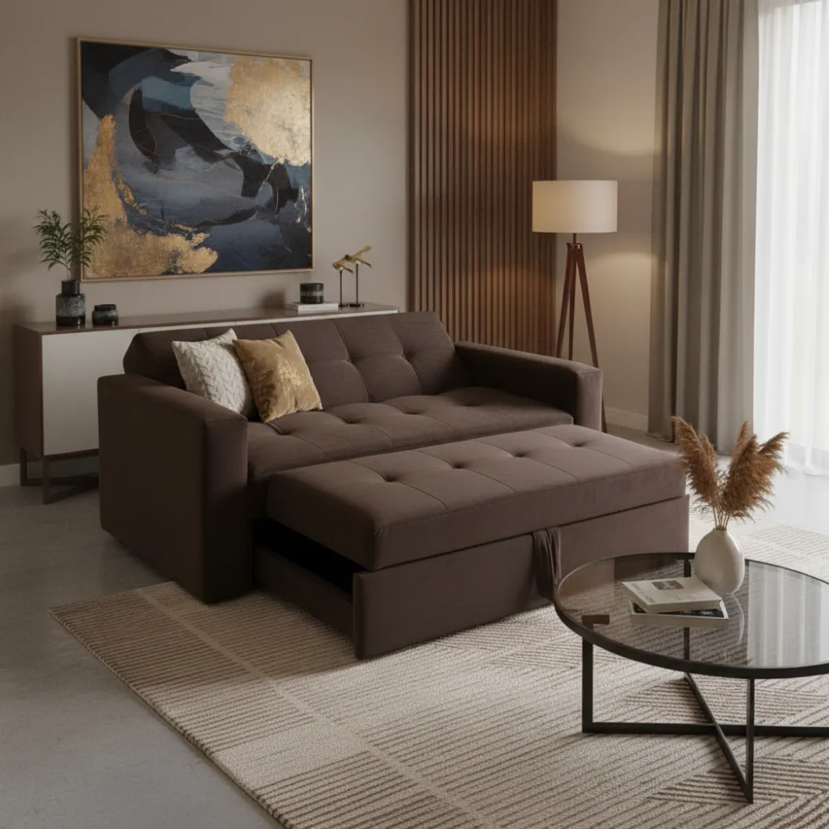 MUEBLES NEW - SOFA CAMA NOVUS TRES POSICIONES CHOCOLATE FELPA