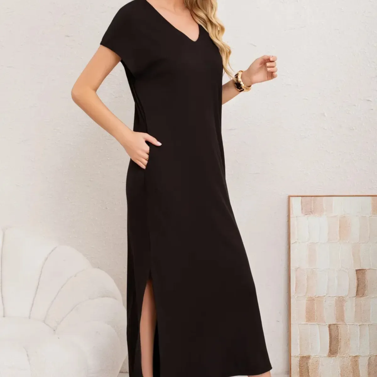 LOOK SHOP - Vestido Largo Mujer, Recto Con Escote En V Y Bolsillos 3378