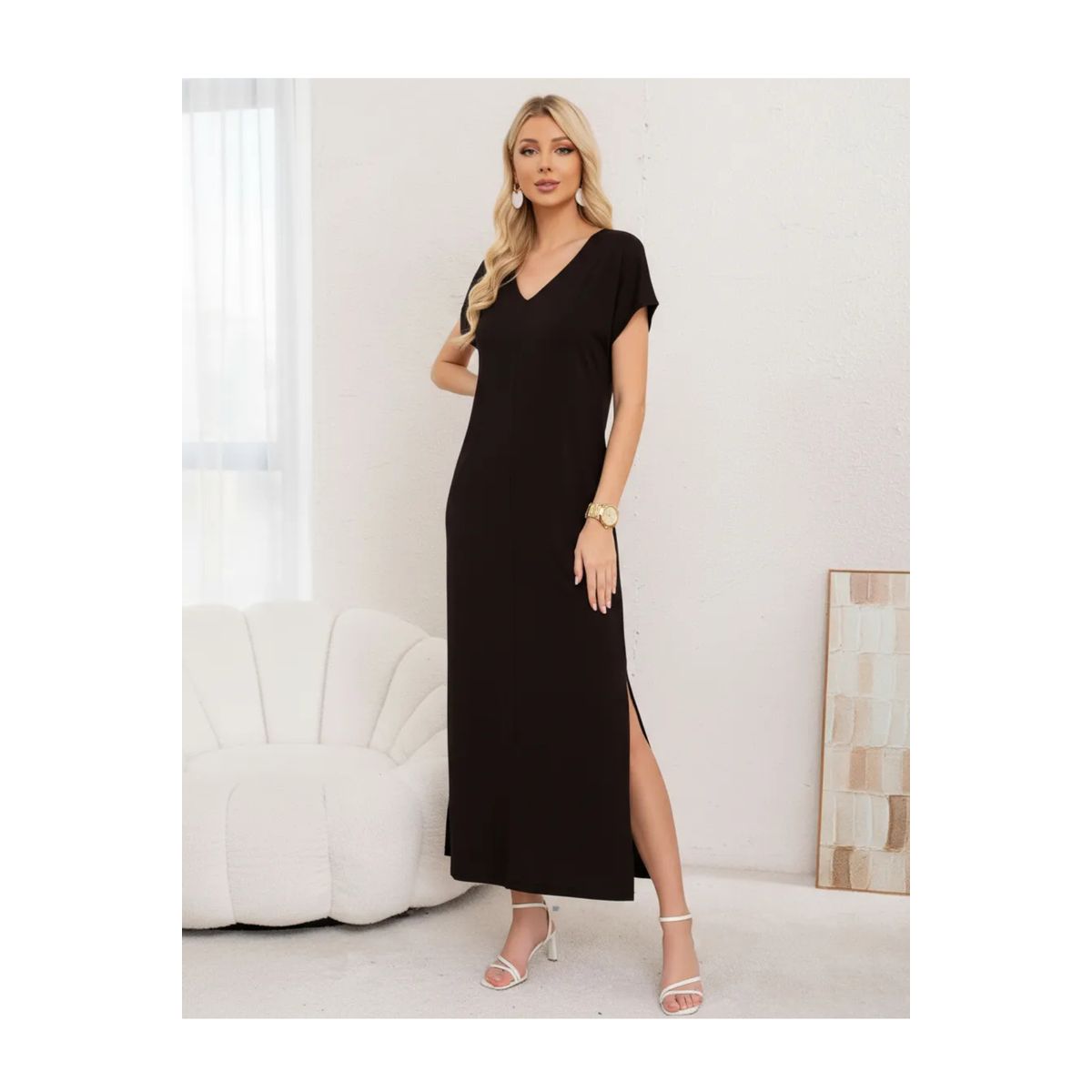 LOOK SHOP - Vestido Largo Mujer, Recto Con Escote En V Y Bolsillos 3378