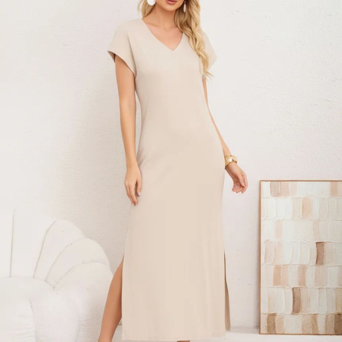 LOOK SHOP - Vestido Largo Mujer, Recto Con Escote En V Y Bolsillos 3378