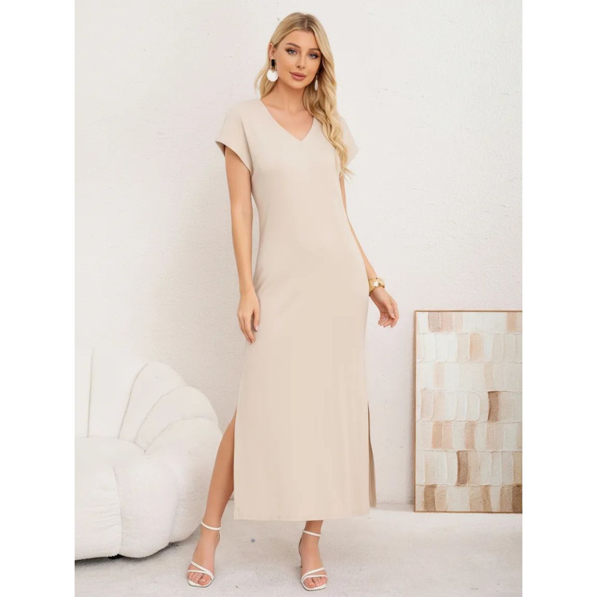 LOOK SHOP - Vestido Largo Mujer, Recto Con Escote En V Y Bolsillos 3378