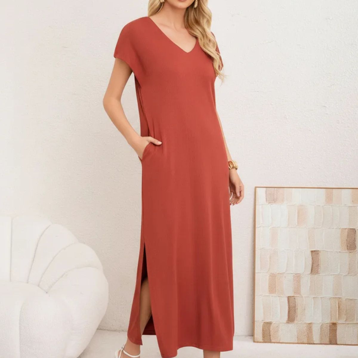 LOOK SHOP - Vestido Largo Mujer, Recto Con Escote En V Y Bolsillos 3378