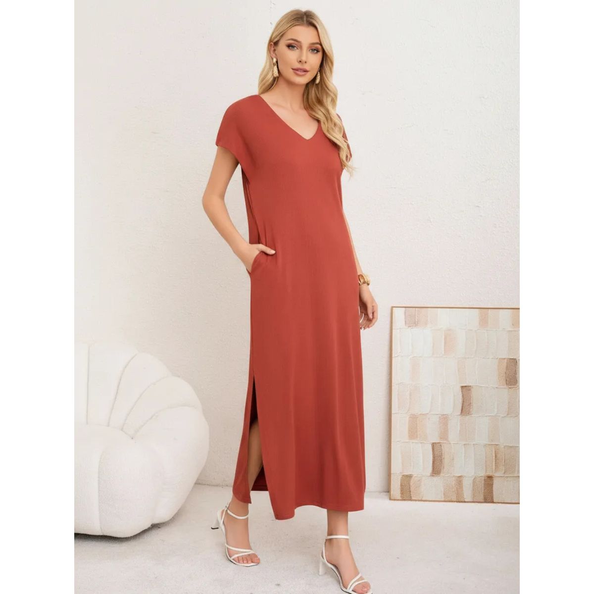 LOOK SHOP - Vestido Largo Mujer, Recto Con Escote En V Y Bolsillos 3378