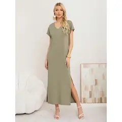 LOOK SHOP - Vestido Largo Mujer, Recto Con Escote En V Y Bolsillos 3378