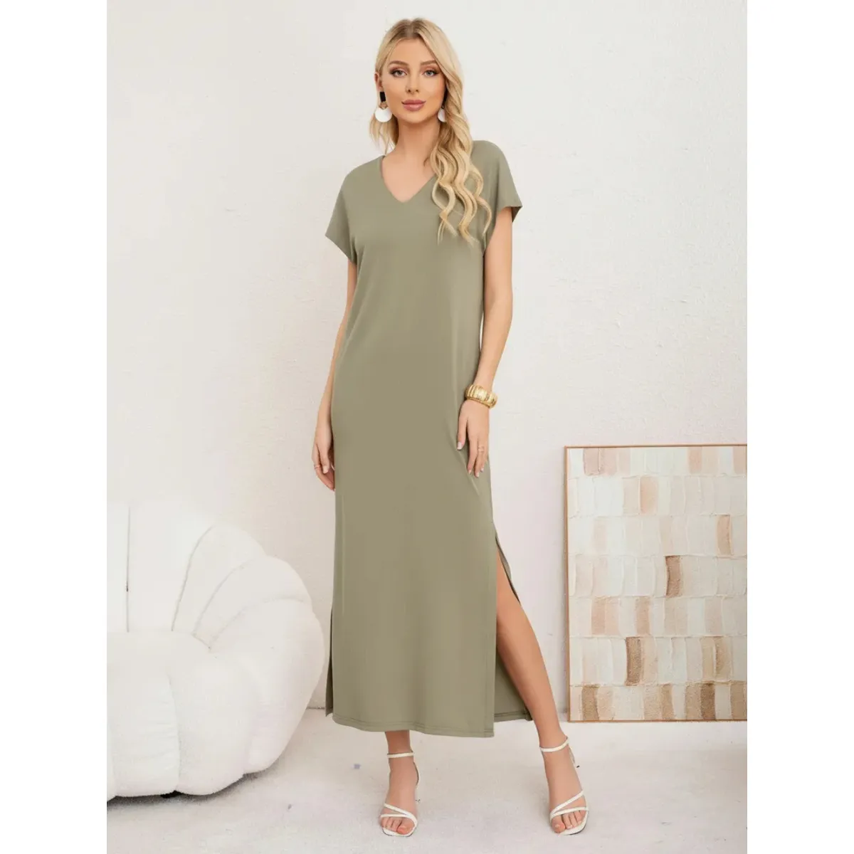 LOOK SHOP - Vestido Largo Mujer, Recto Con Escote En V Y Bolsillos 3378