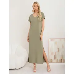 LOOK SHOP - Vestido Largo Mujer, Recto Con Escote En V Y Bolsillos 3378