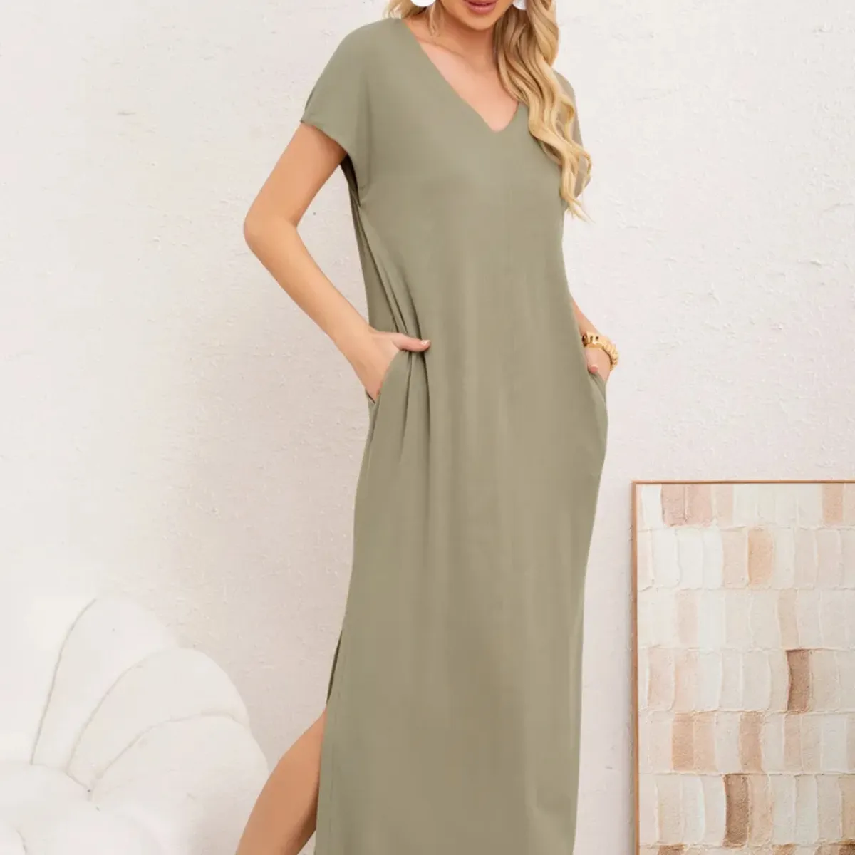 LOOK SHOP - Vestido Largo Mujer, Recto Con Escote En V Y Bolsillos 3378