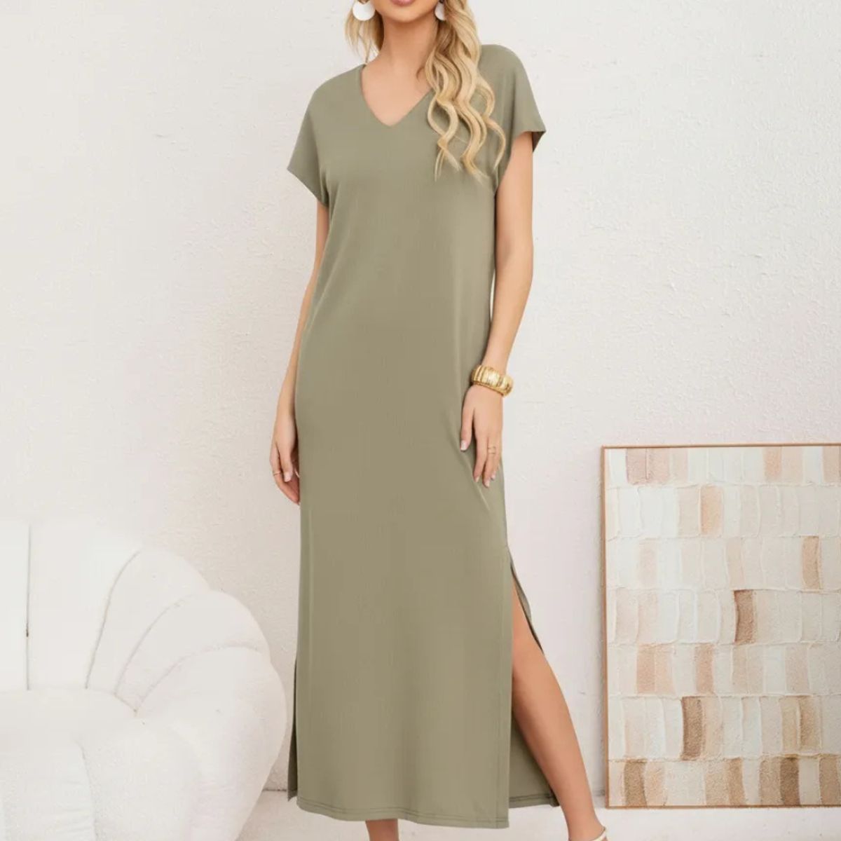 LOOK SHOP - Vestido Largo Mujer, Recto Con Escote En V Y Bolsillos 3378