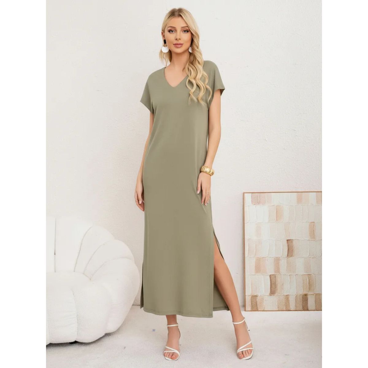 LOOK SHOP - Vestido Largo Mujer, Recto Con Escote En V Y Bolsillos 3378