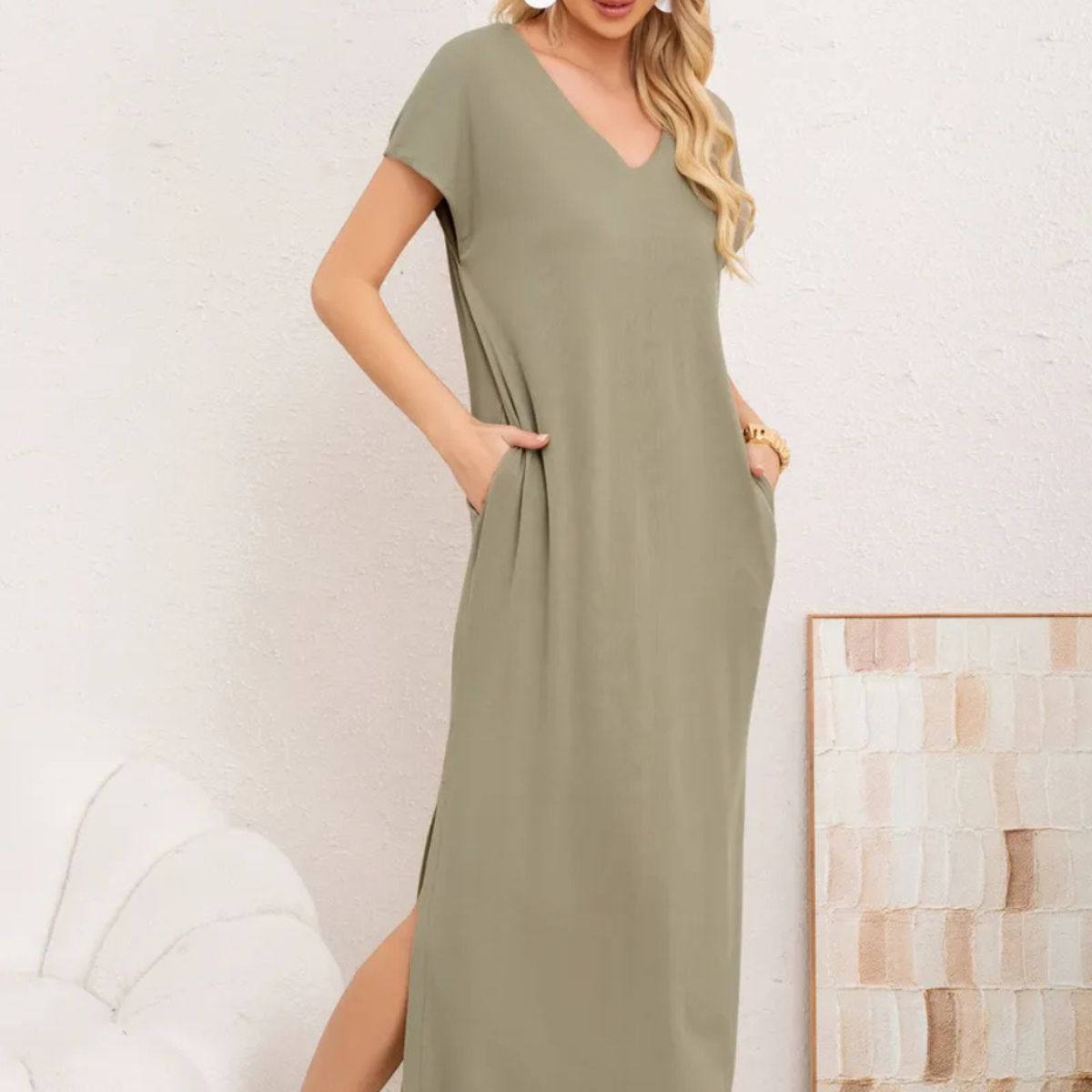 LOOK SHOP - Vestido Largo Mujer, Recto Con Escote En V Y Bolsillos 3378