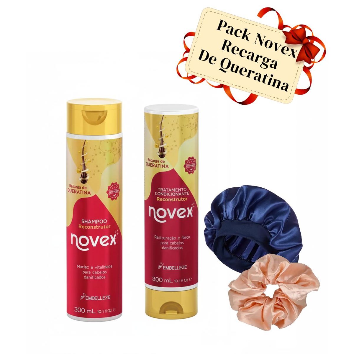 NOVEX - Pack Shampoo Y Acondicionador Recarga De Queratina Novex + Accesorios