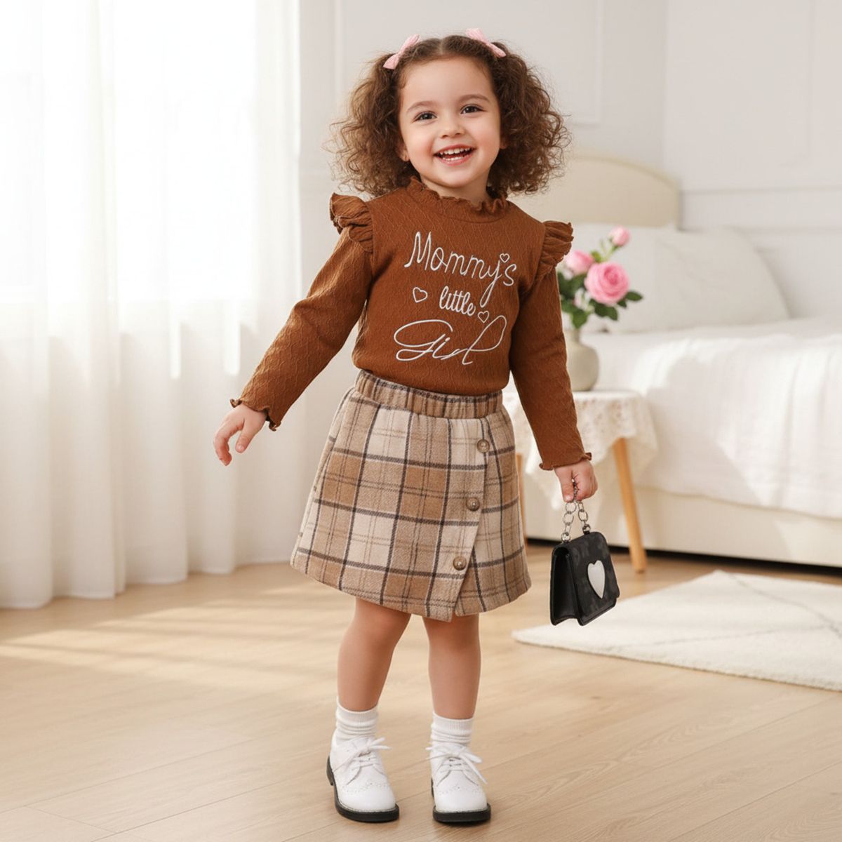 CHINA - Conjunto Para Niña De 2 Prendas Polera Texturizada Manga Larga Café + Falda Short Cafe Cuadrille CJ005