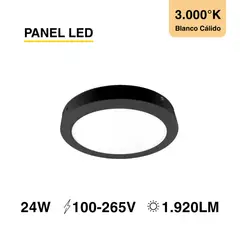 DEMASLED - Panel LED Redondo Negro 30cm 24W 1800lm Blanco Cálido Sobrepuesto
