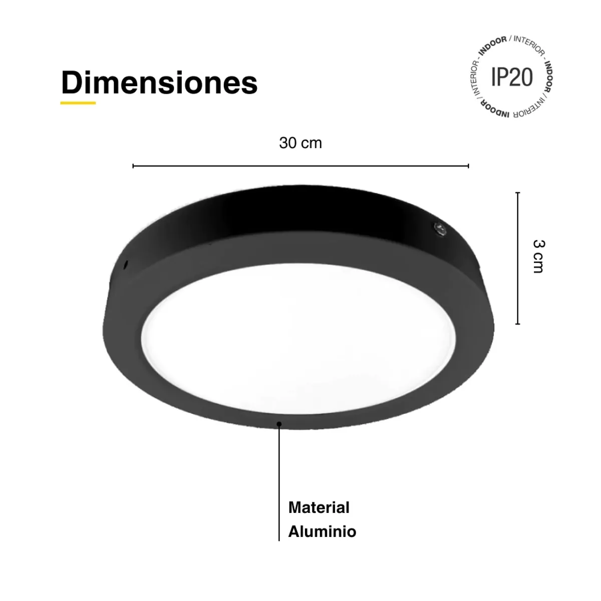 DEMASLED - Panel LED Redondo Negro 30cm 24W 1800lm Blanco Cálido Sobrepuesto