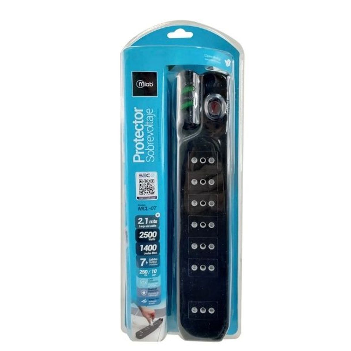 Alargador Protector De Voltaje 2,1 Metros Mlab 9304 Color Negro Certificado 1400w 7 Salidas, marca MLAB - Foto 2