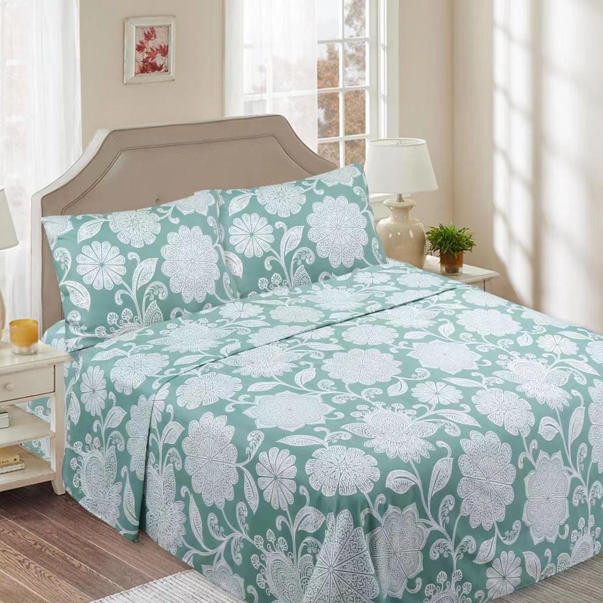 GENERICO - Juego de Sabanas Plaza y Media144 Hilos Flor Blanca