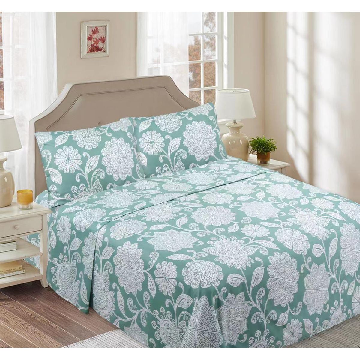 GENERICO - Juego de Sabanas Plaza y Media144 Hilos Flor Blanca