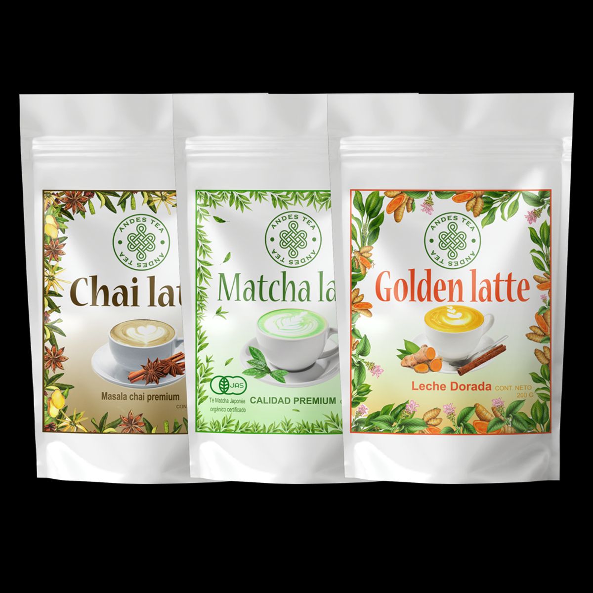 ANDES TEA - Lattes Pack 3 unidades 200gr c/u – Matcha latte – Chai latte – Golden latte
