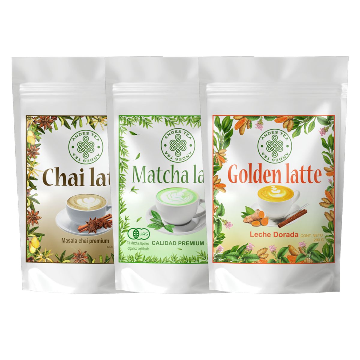 ANDES TEA - Lattes Pack 3 unidades 200gr c/u – Matcha latte – Chai latte – Golden latte