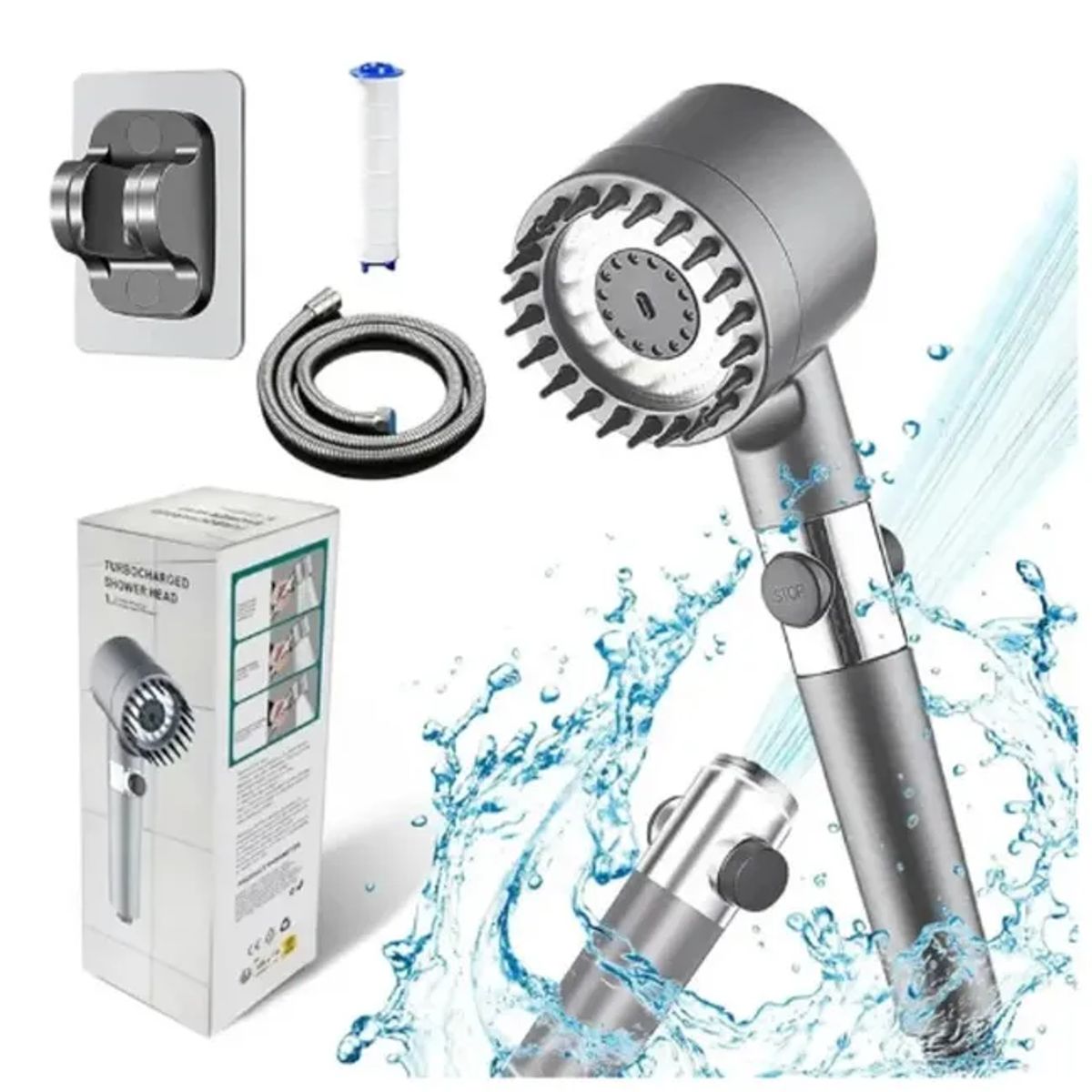 MOVI - Cabezal de Ducha 4 en 1 con Manguera Flexible 1.5 m – Ahorro de agua