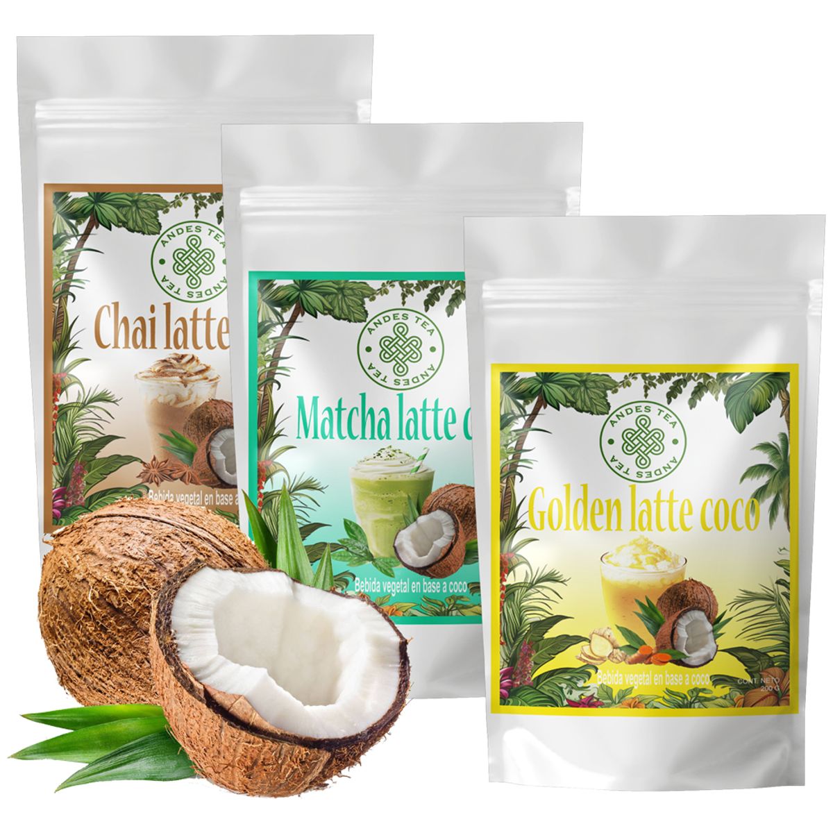 ANDES TEA - Lattes Veganos Pack 3 unidades 200gr c/u – Matcha latte Coco – Chai latte Coco – Golden latte Coco