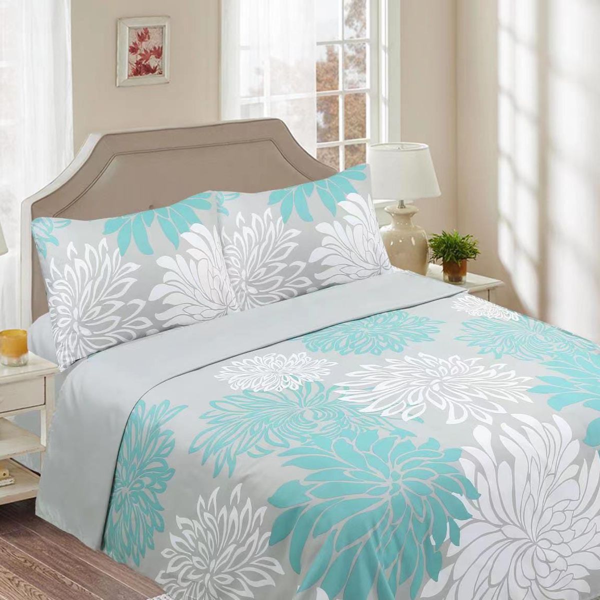 GENERICO - Juego de Sabanas 2 Plazas, 144 Hilos, Flor Turquesa