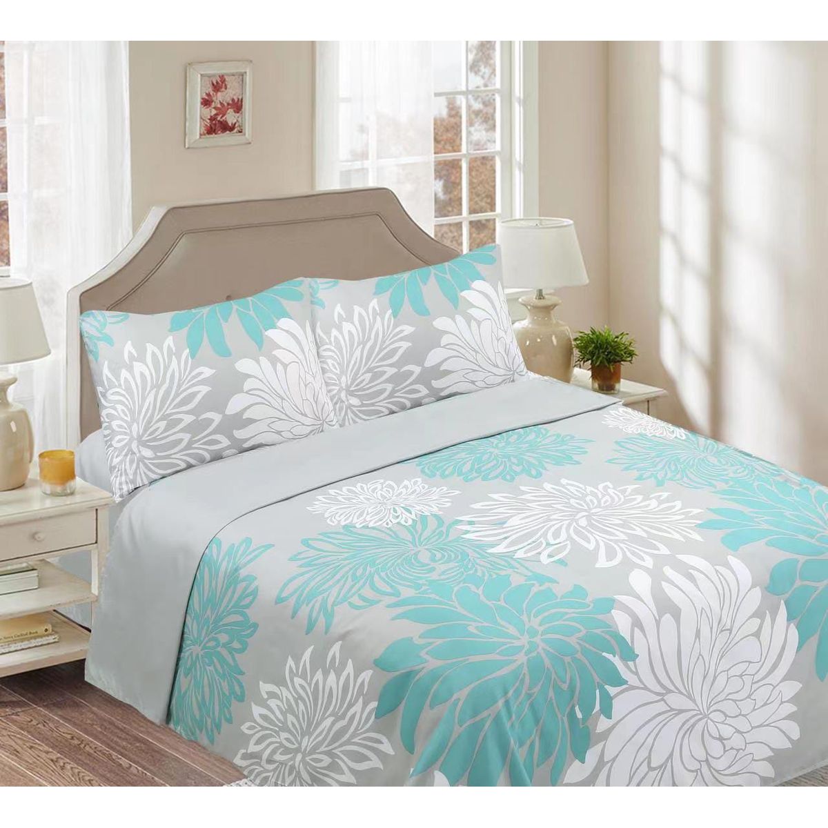 GENERICO - Juego de Sabanas 2 Plazas, 144 Hilos, Flor Turquesa