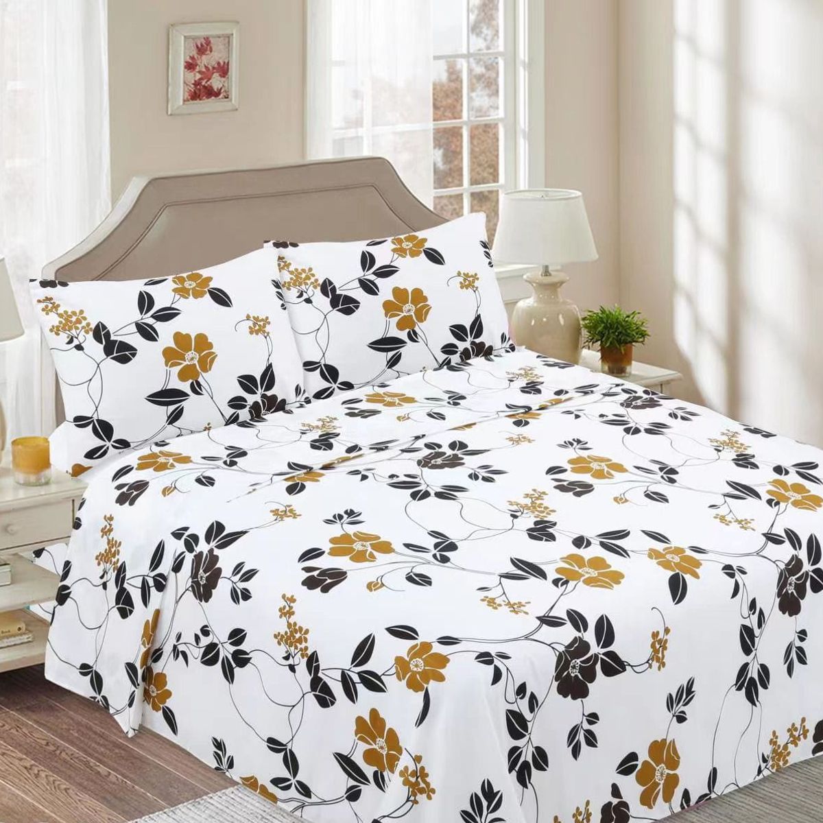 GENERICO - Juego de Sabanas 2 Plazas, 144 Hilos, Flor Amarilla