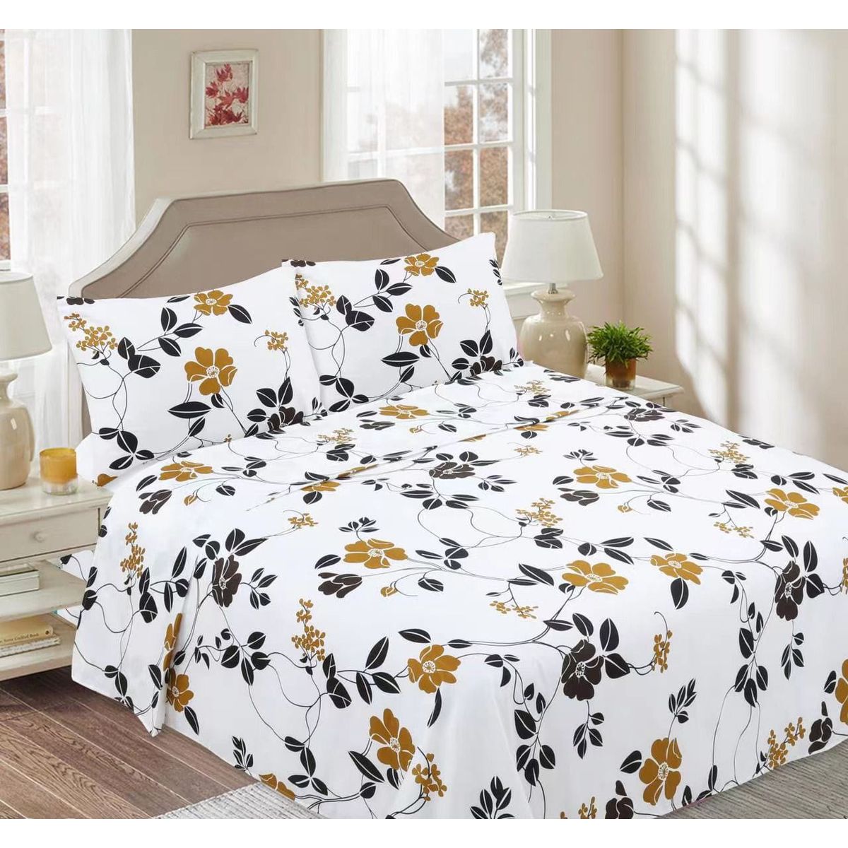 GENERICO - Juego de Sabanas 2 Plazas, 144 Hilos, Flor Amarilla