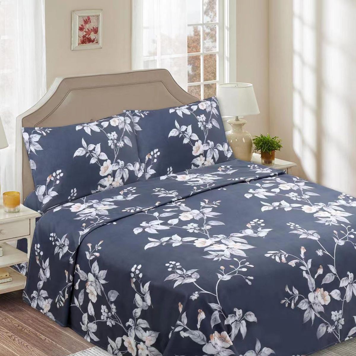 GENERICO - Juego de Sabanas King, 144 hilos, Azul Flor