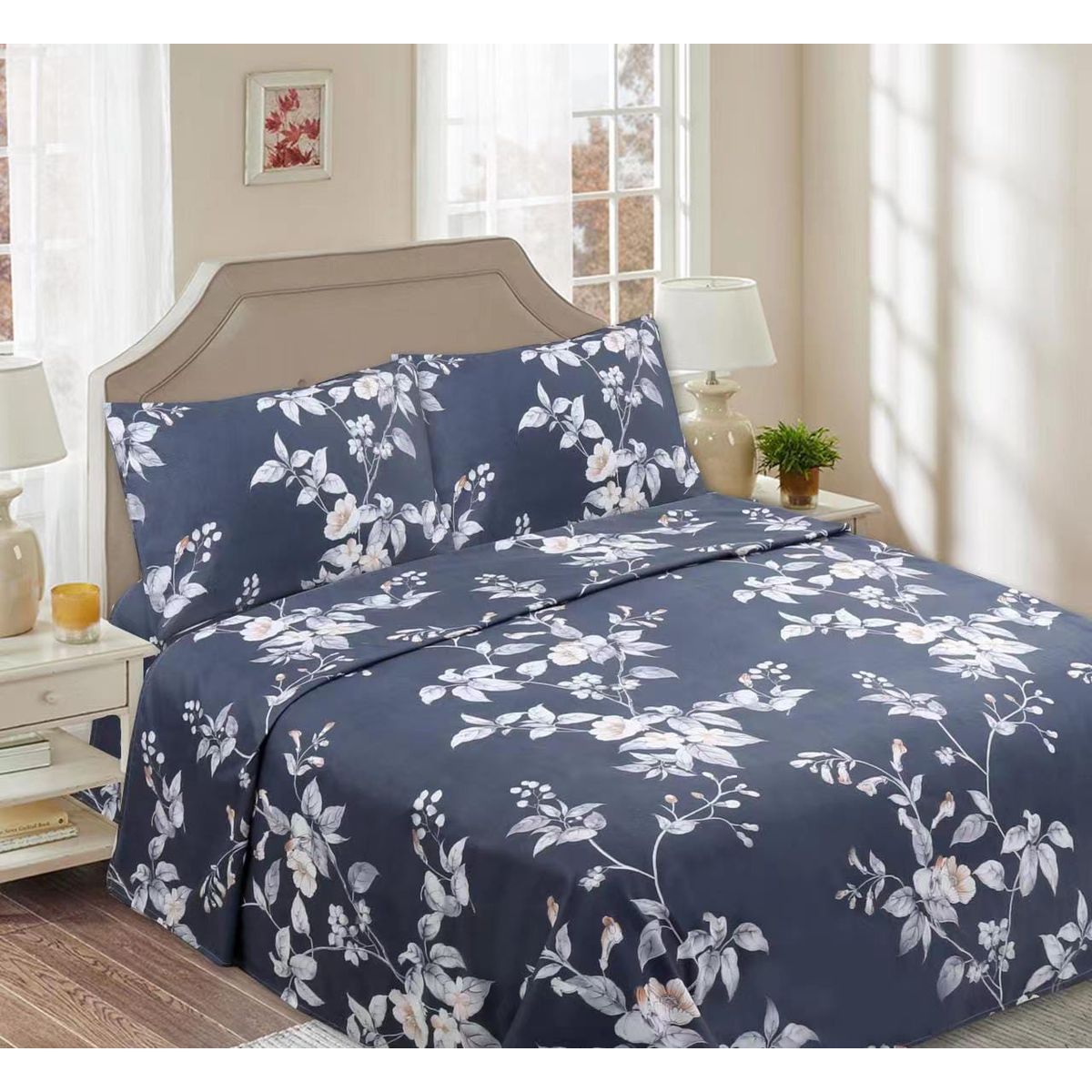 GENERICO - Juego de Sabanas King, 144 hilos, Azul Flor