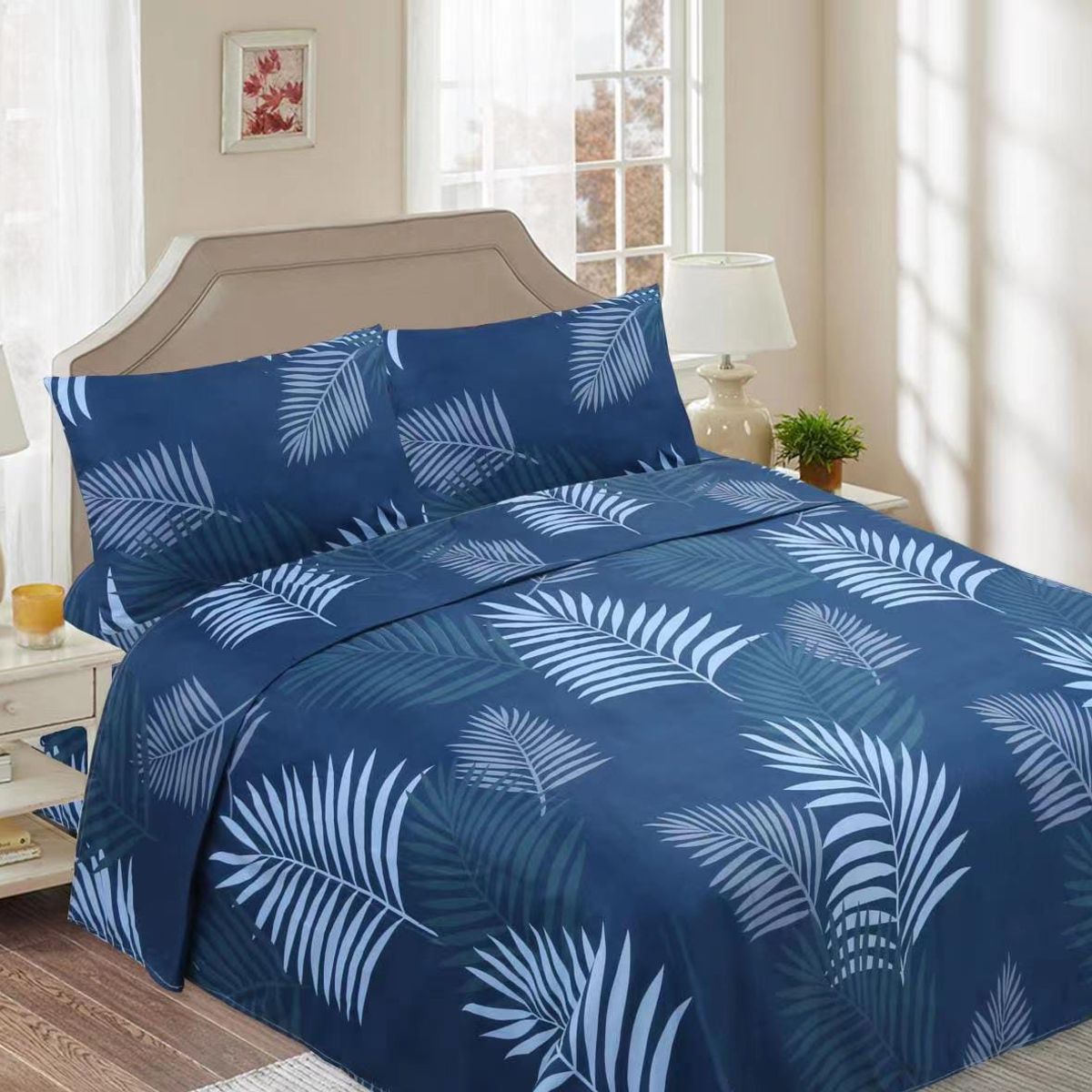 GENERICO - Juego de Sabanas King, 144 hilos, Azul Hoja