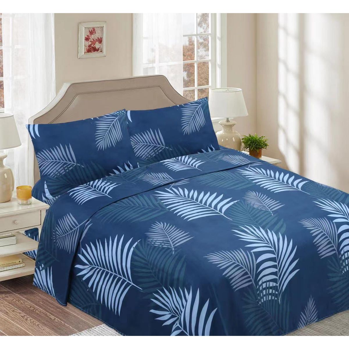 GENERICO - Juego de Sabanas King, 144 hilos, Azul Hoja