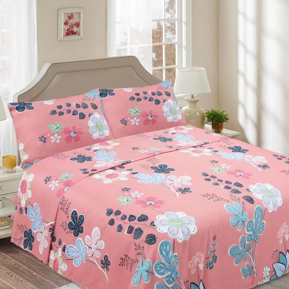 GENERICO - Juego de Sabanas King, 144 hilos, Rosado Flor