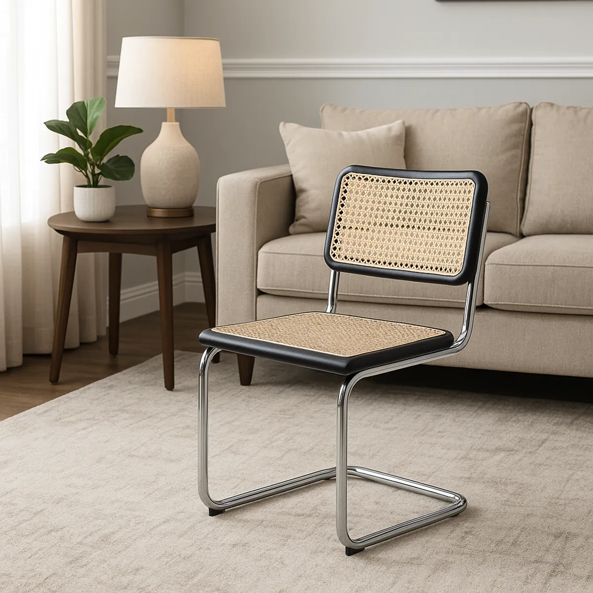 SPACE HOME - Sillas Breuer Pack x2 Negras Ratán y Madera con Marco Metálico Reforzado