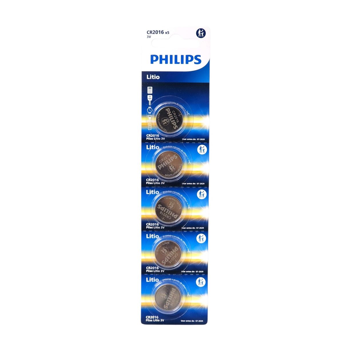 PHILIPS - Pack 5 Pilas Cr2016 Tipo Botón Litio 3v Philips