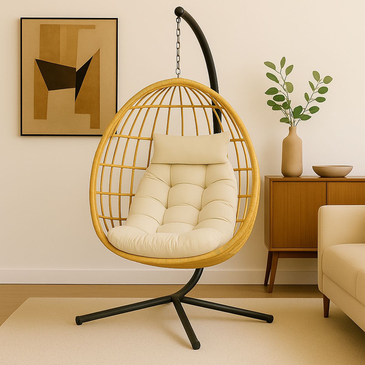 SPACE HOME - Reposera Colgante de Ratán Beige Premium para Interior y Exterior con Cojín Incluido