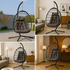 SPACE HOME - Reposera Colgante Negra de Ratán Reforzado para Exterior Jardín o Balcón