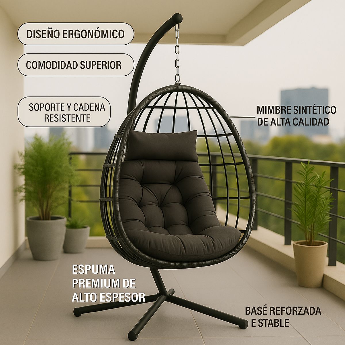SPACE HOME - Silla Colgante de Ratán Negra Diseño Moderno y Resistente para InteriorExterior