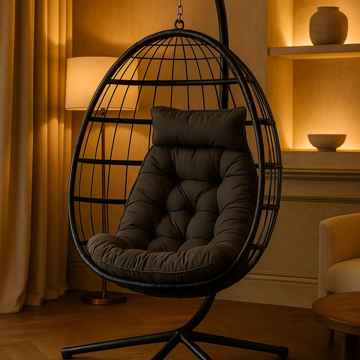 SPACE HOME - Silla Colgante de Ratán Negra Diseño Moderno y Resistente para InteriorExterior