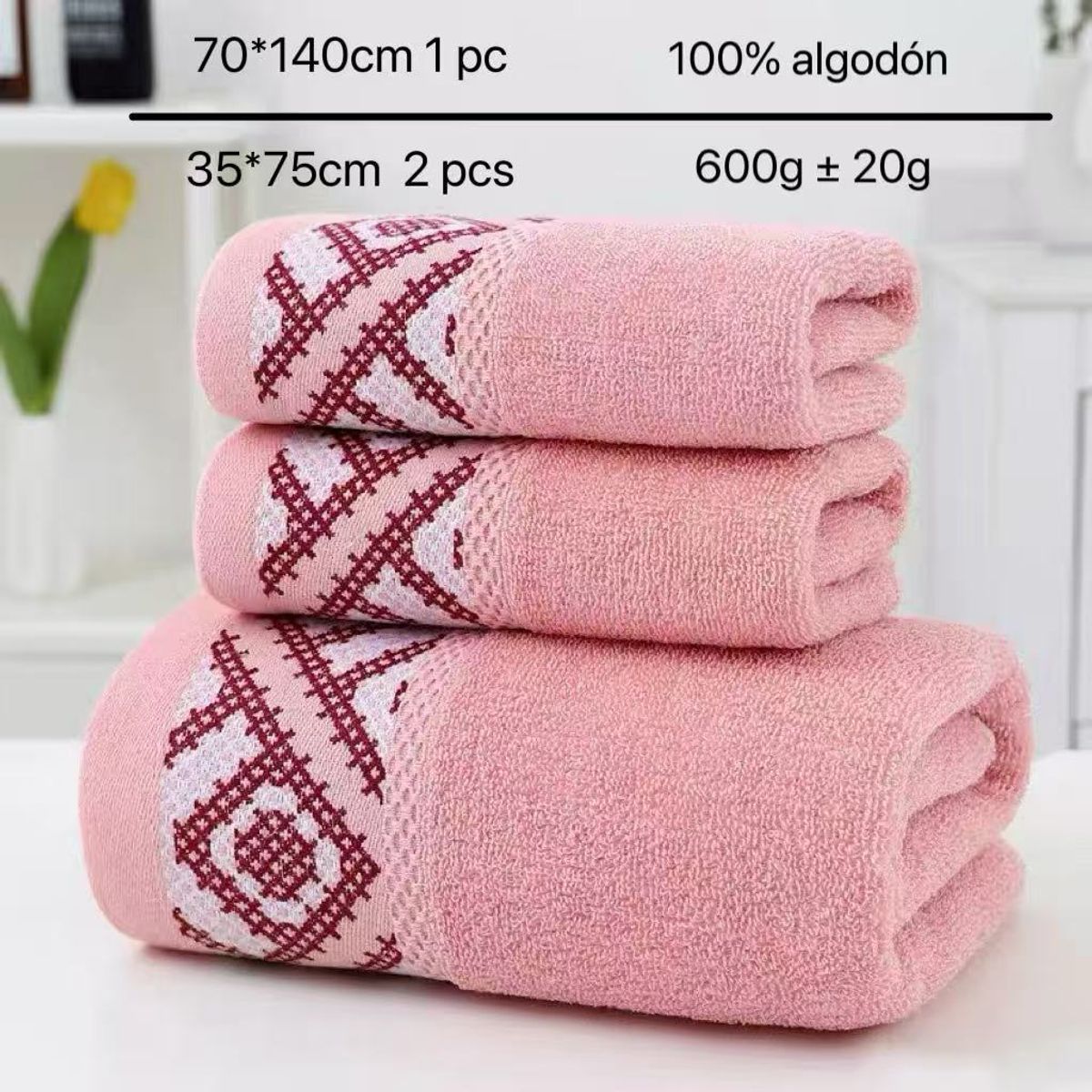 GENERICO - Set de Toallas Bordadas 3 Piezas 100% Algodón, Suaves y Absorbentes Color Rosado