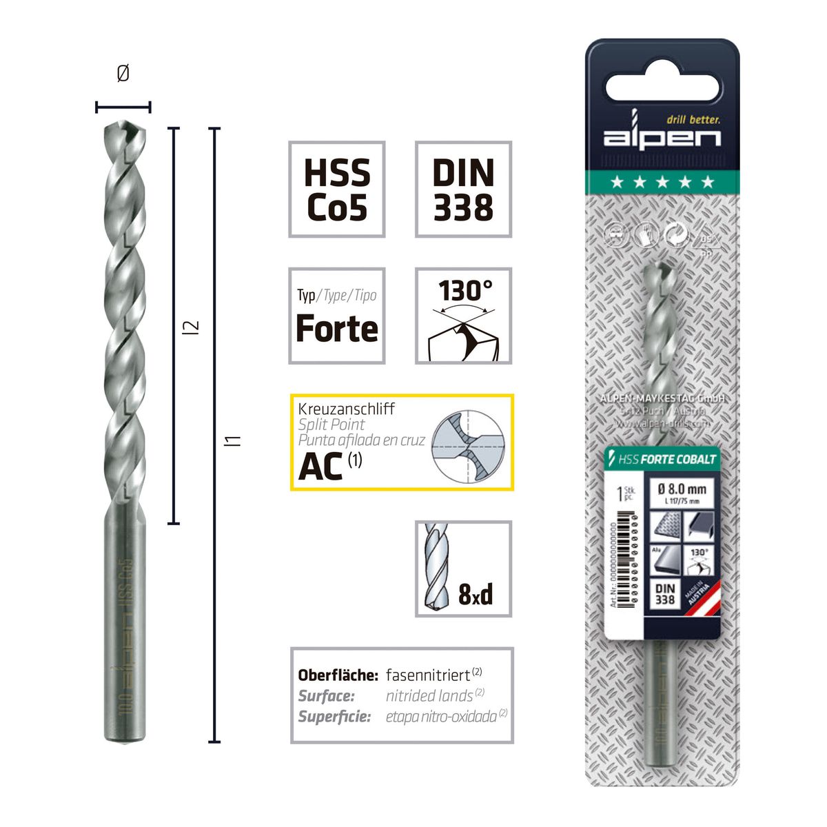 ALPEN - Broca Acero Inox 10 mm HSS Cobalto 5% Largo 34 mm