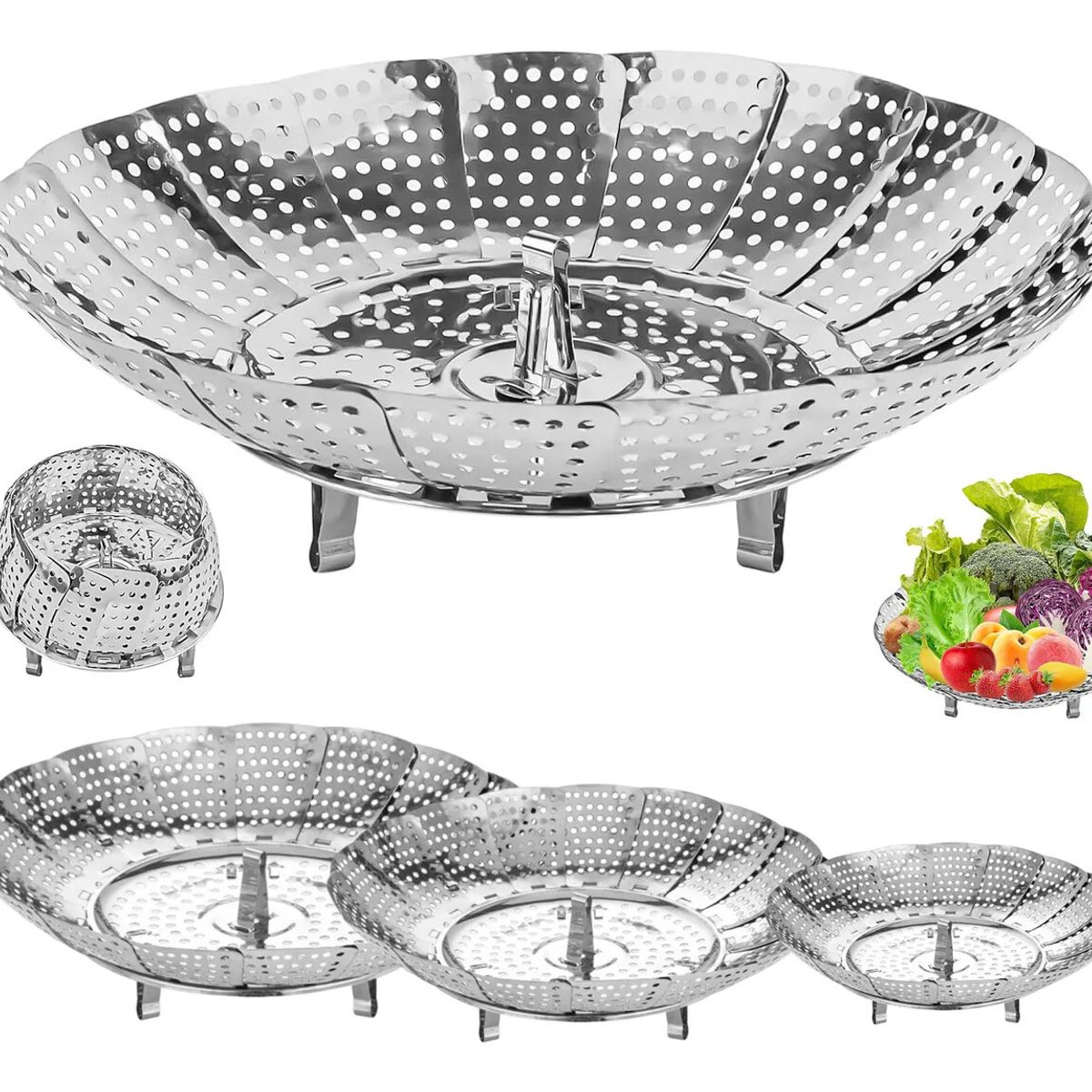 EINICIO - Juego De 3 Vaporera Plegable Cocina Cesta Humeante Olla