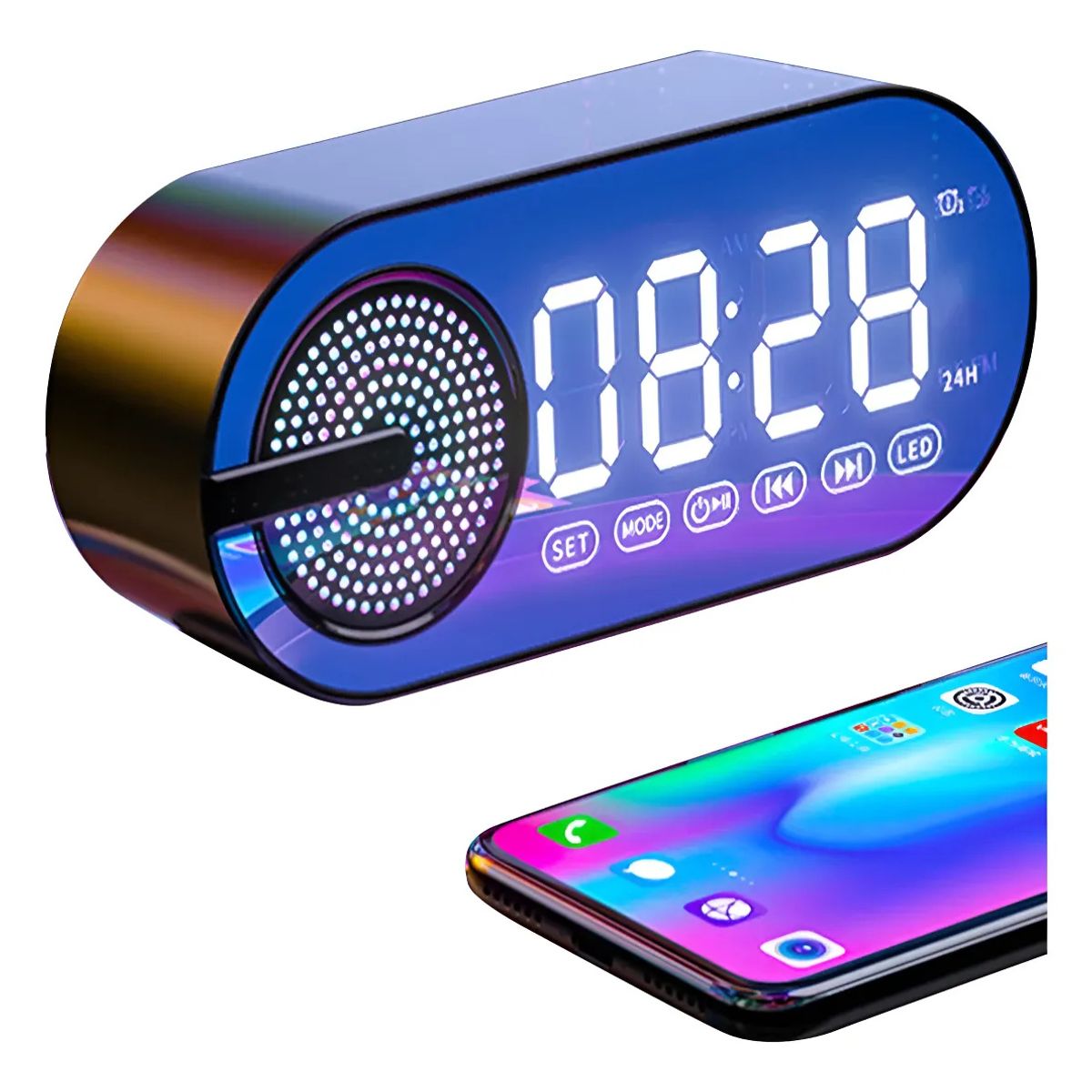 KUANGYE - Reloj Digital Despertador Led Con Bocina Bluetooth Y Radio Negro