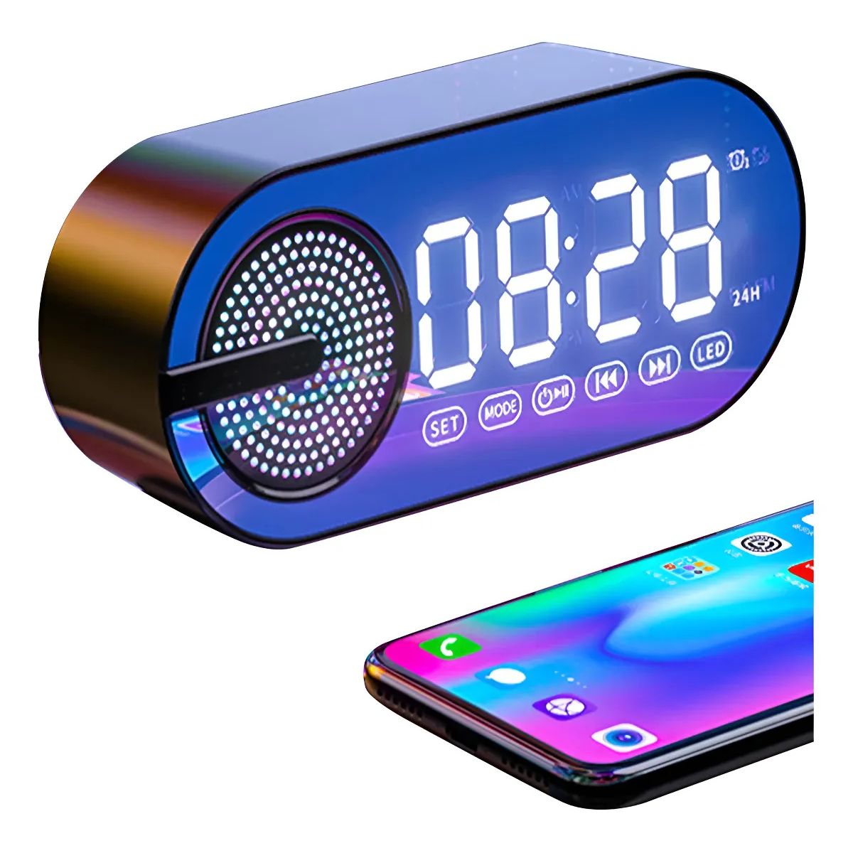 KUANGYE - Reloj Digital Despertador Led Con Bocina Bluetooth Y Radio Negro